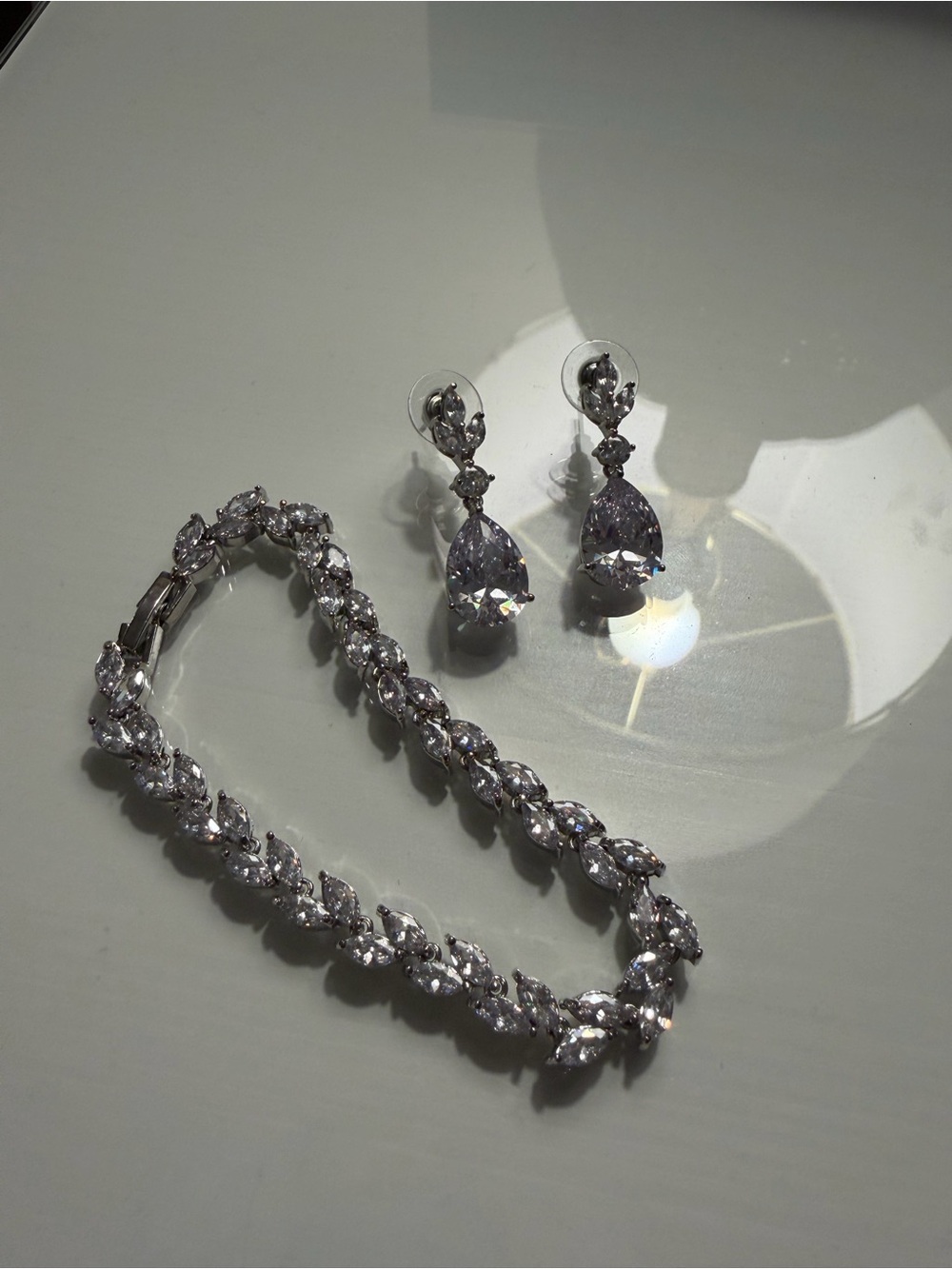Silver Crystal Tennis Bracelet and Teardrop Earrings Set